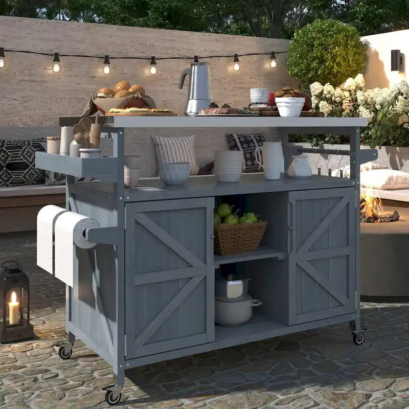 Isla de cocina exterior, carrito de bar con ruedas y armario de almacenamiento, mesa de parrilla de madera maciza con parte superior de acero inoxidable, especiero, toallero