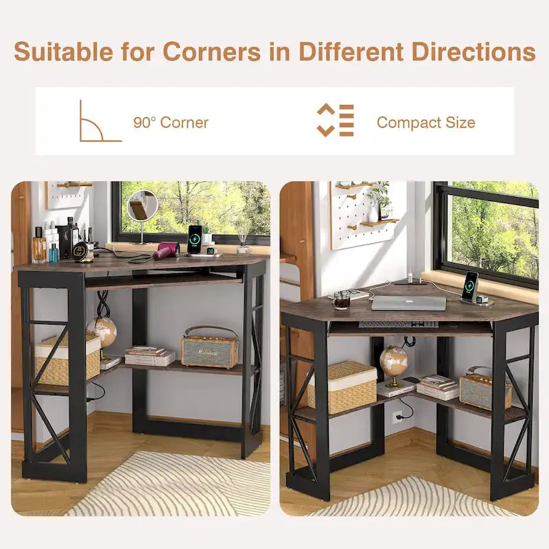 Escritorio de esquina, escritorio pequeño con enchufes, mesa de esquina para espacios pequeños, escritorio de computadora con puertos USB, escritorio triangular con almacenamiento