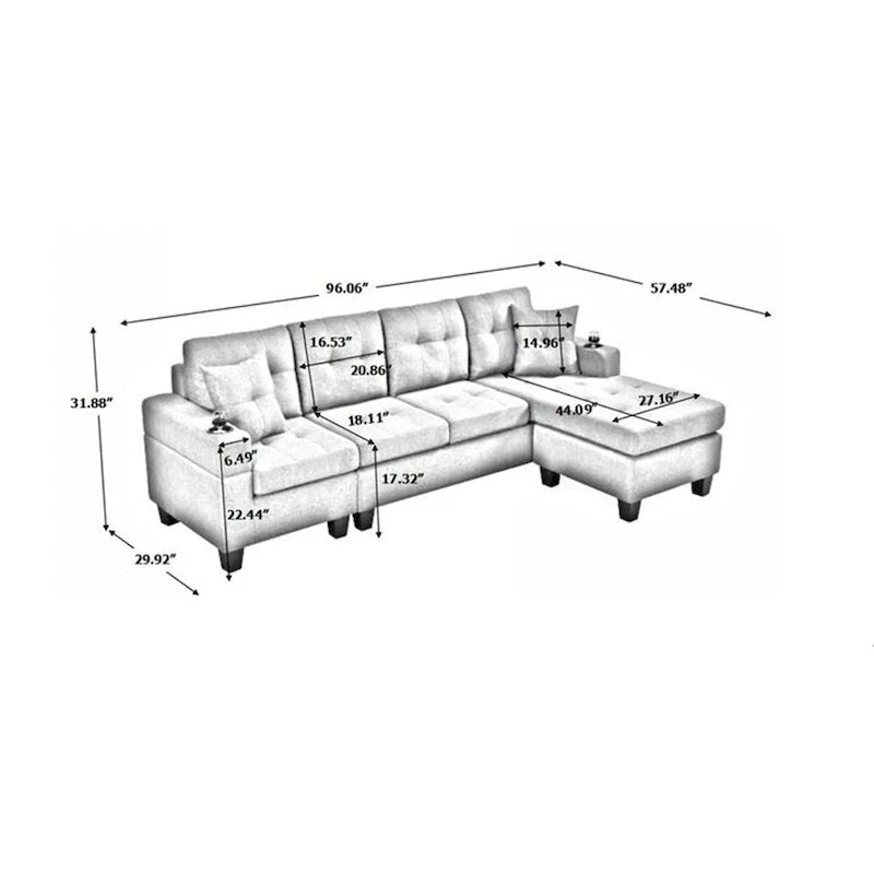 Sofá Seccional para Sala de Estar con Chaise Longue en Forma de L y portavasos