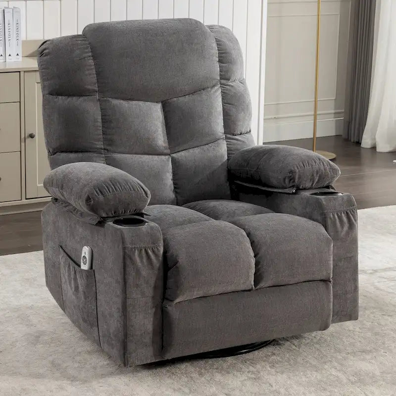 Reclinable extragrande gris con calor y masaje, reclinación de 150°, balanceo de 30°, carga USB y 2 portavasos