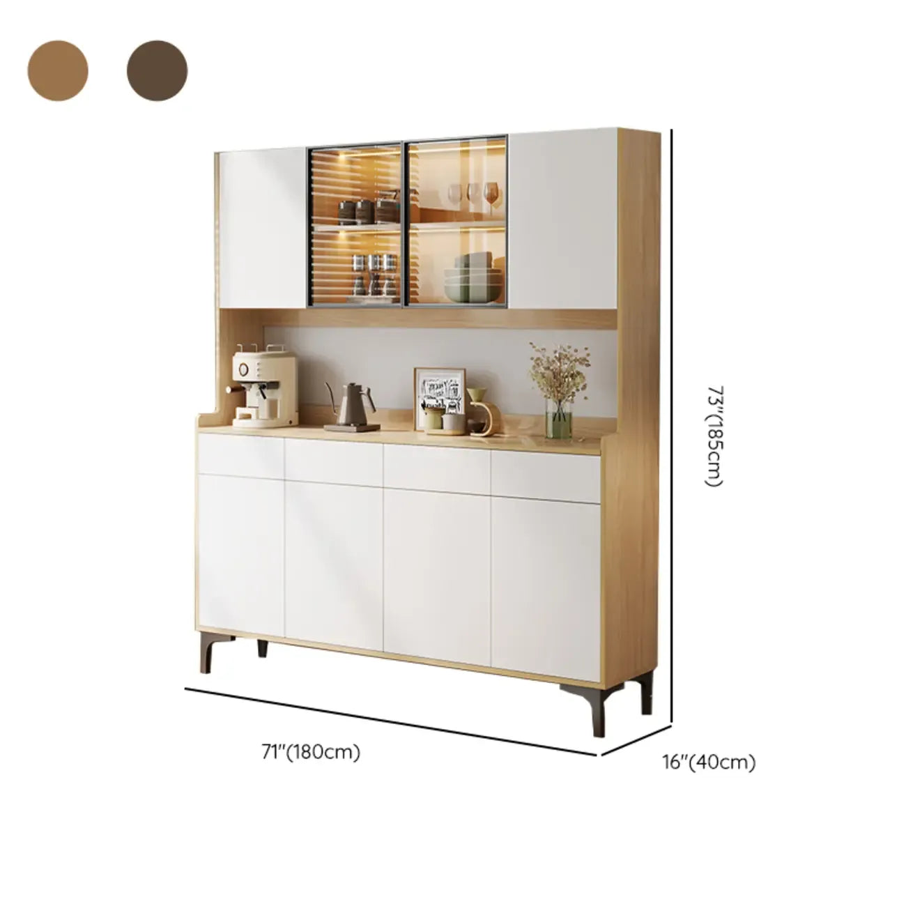 Aparador grande de madera con puertas de cristal y vitrina superior