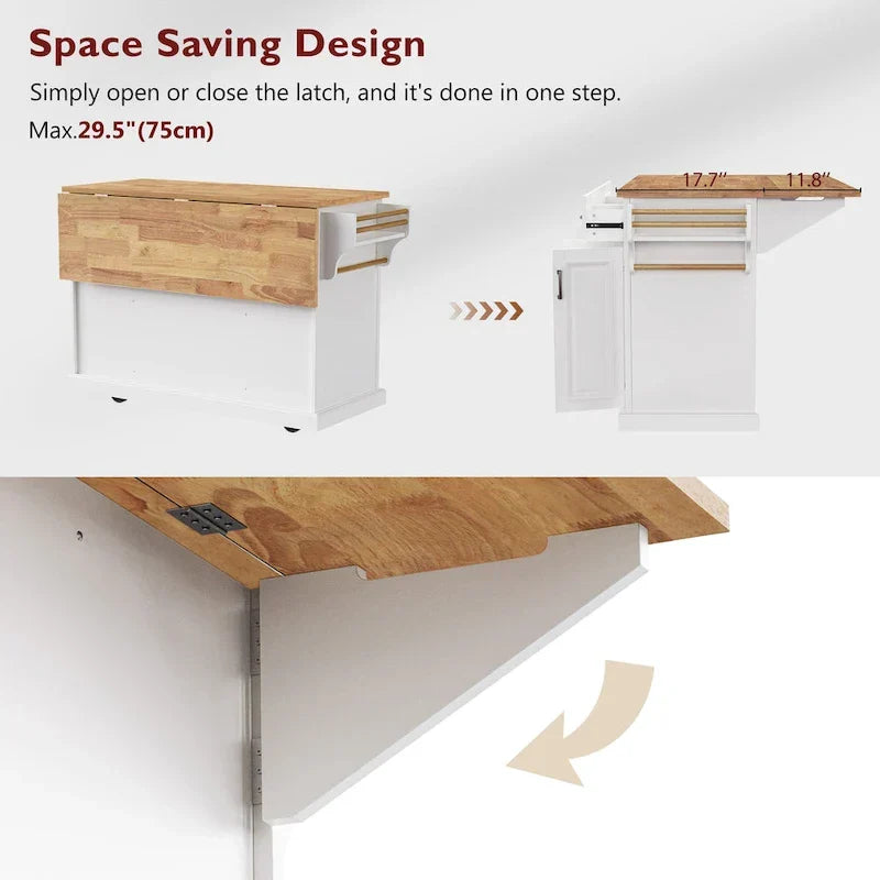 Isla de cocina grande con hoja abatible de madera, carrito de cocina con textura en relieve, puertas y cajones con almacenamiento para cocina, blanco