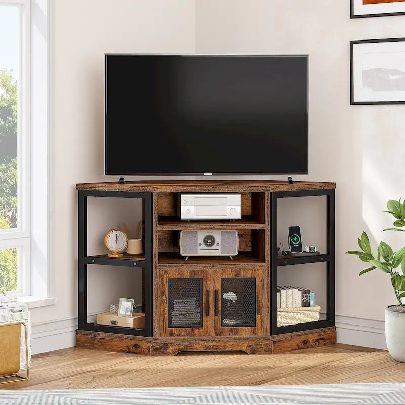 Mueble esquinero para TV estilo rústico, centro de entretenimiento y consola multimedia para televisores de hasta 55 pulgadas con toma de corriente