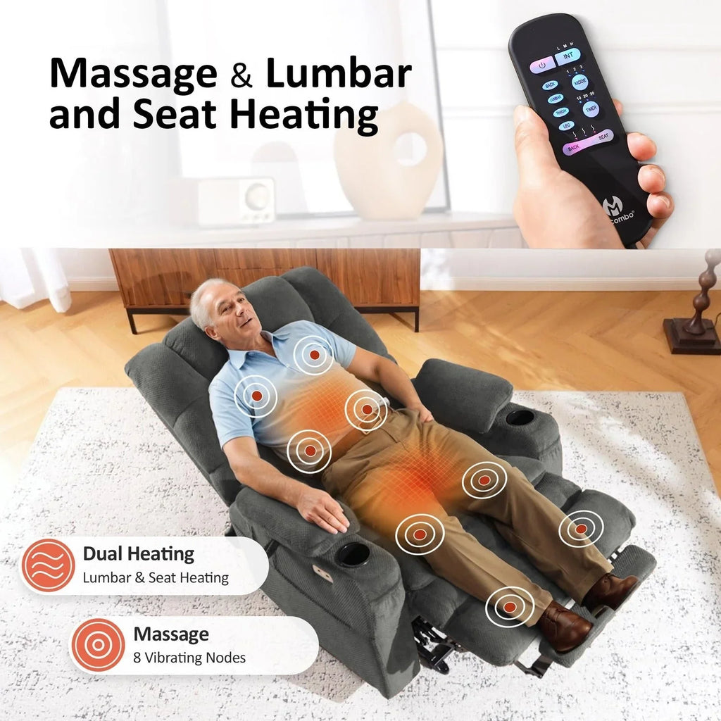 MCombo Sillón reclinable elevador eléctrico con motor dual ancho grande, masaje y doble calefacción para personas mayores altas y corpulentas, tela R7635