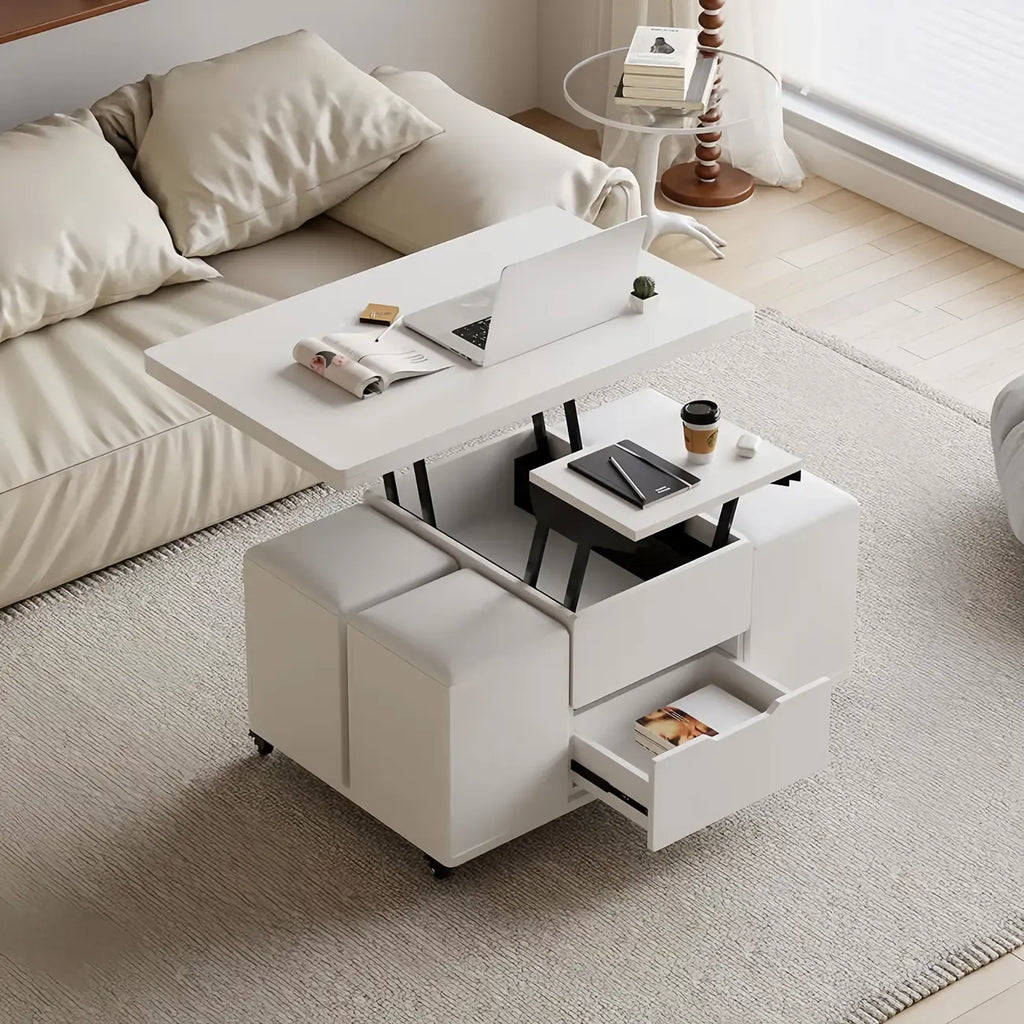 Mesa de centro elevable y plegable con 4 taburetes y almacenamiento