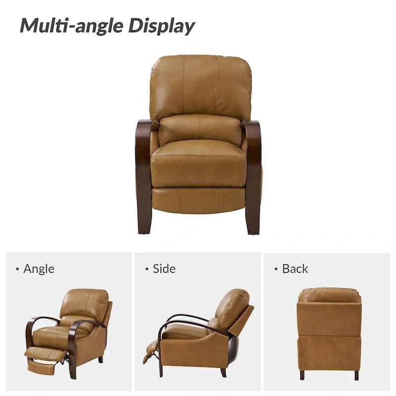 Sofá reclinable manual Alex Mid-century Modern Cigar de cuero genuino con brazos curvos de madera