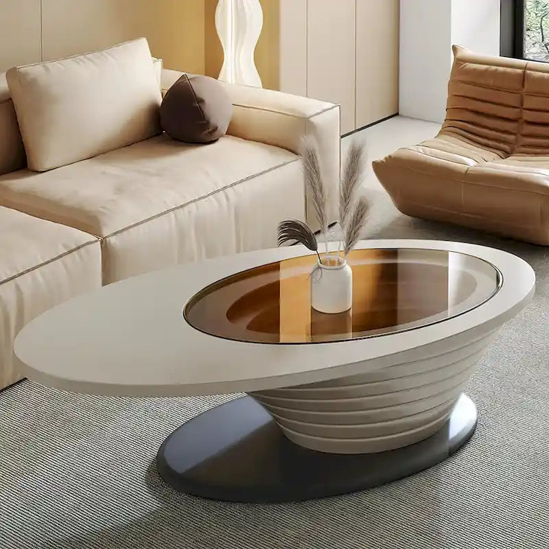 Mesa de centro ovalada moderna minimalista de lujo ligero con tablero de cristal y base gris 51 pulg. - L 51.18' An 25.59' Al 14.37'