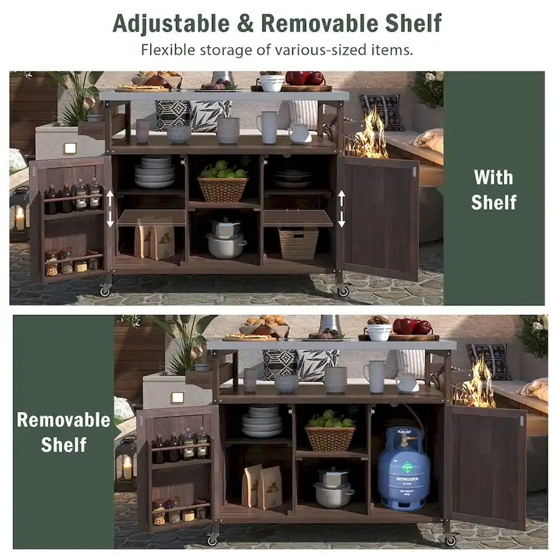 Isla de cocina exterior, carrito de bar con ruedas y armario de almacenamiento, mesa de parrilla de madera maciza con parte superior de acero inoxidable, especiero, toallero