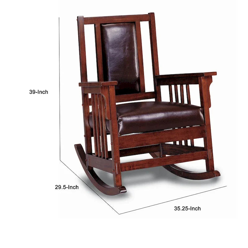 Mecedora estilo misionero, asiento y respaldo tapizados en cuero, tabaco y marrón oscuro