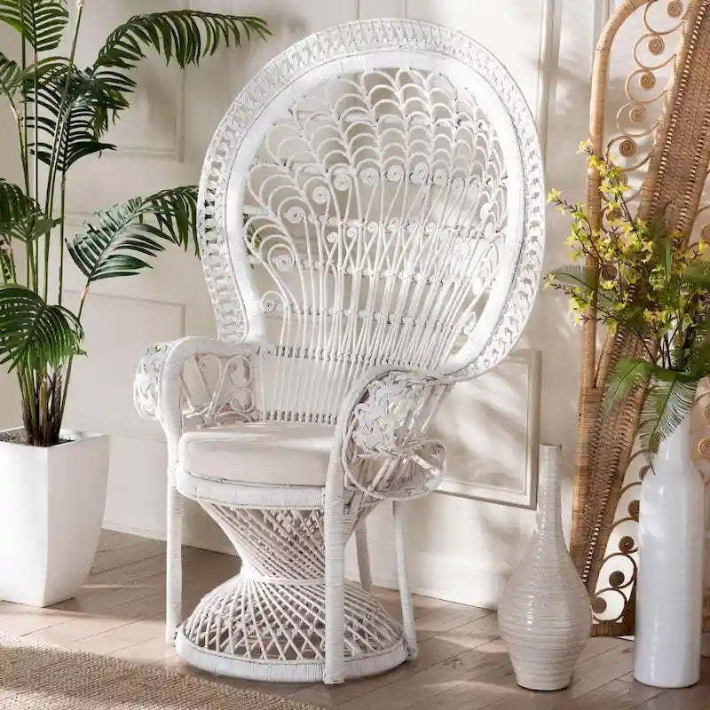 Silla pavo real moderna de mimbre natural blanco bohemio