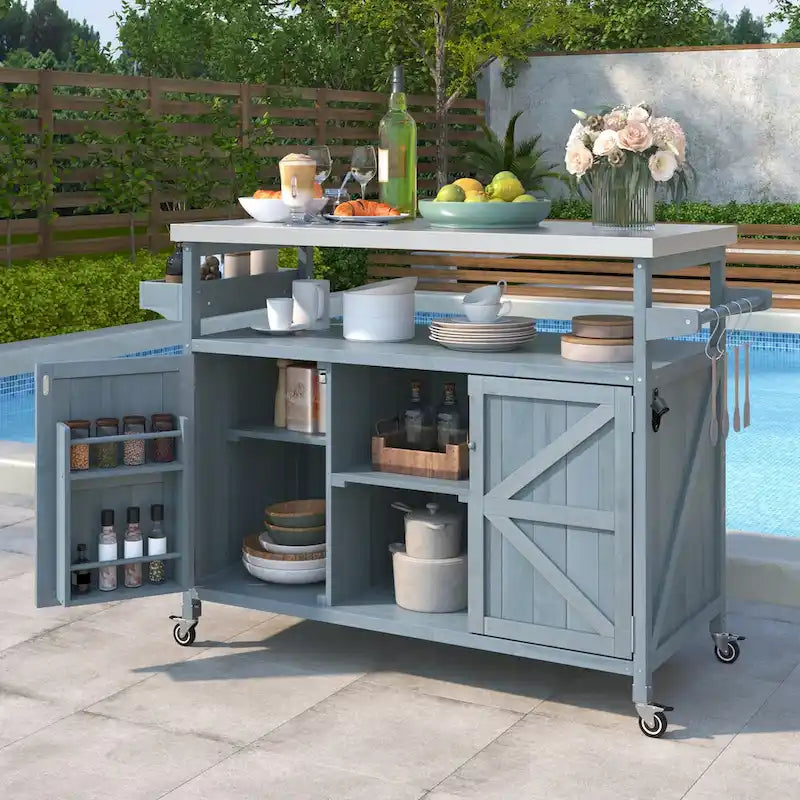 Isla de cocina exterior, carrito de bar con ruedas y armario de almacenamiento, mesa de parrilla de madera maciza con parte superior de acero inoxidable, especiero, toallero
