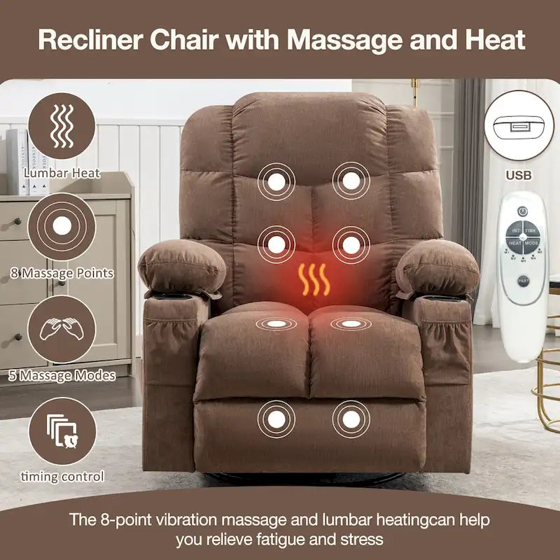 Reclinable extragrande gris con calor y masaje, reclinación de 150°, balanceo de 30°, carga USB y 2 portavasos