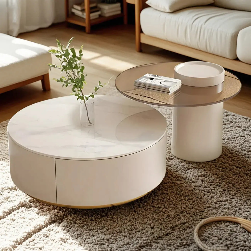 Mesa de centro redonda moderna blanca de madera con cajones tipo tambor