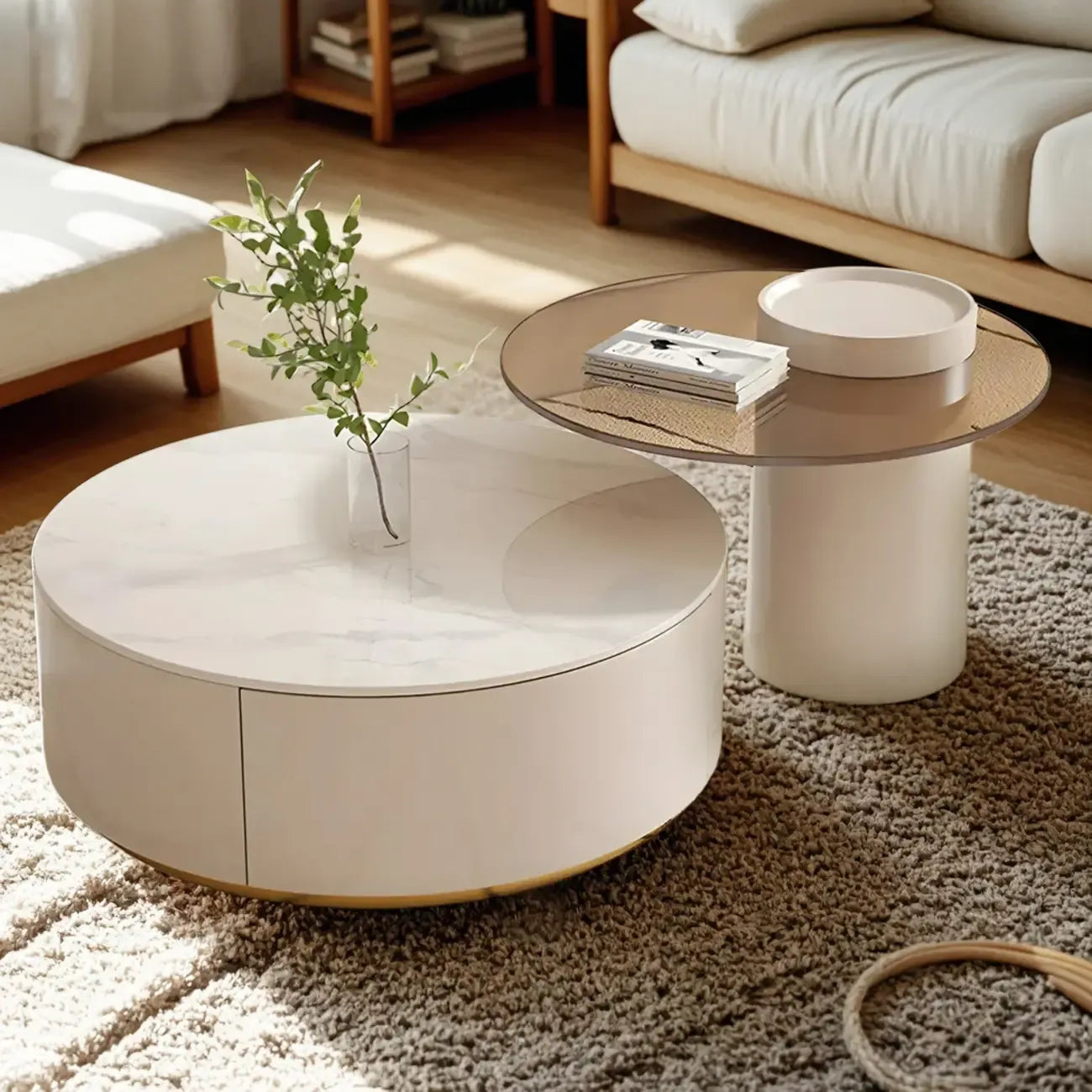 Mesa de centro redonda moderna blanca de madera con cajones tipo tambor
