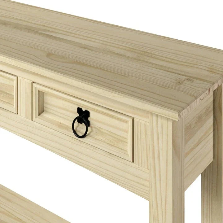 Mesa Consola de Pasillo Rústica de Pino Macizo, Blanqueado / Marrón Antiguo / Lavado Gris / Sin Pintar, 3 Cajones