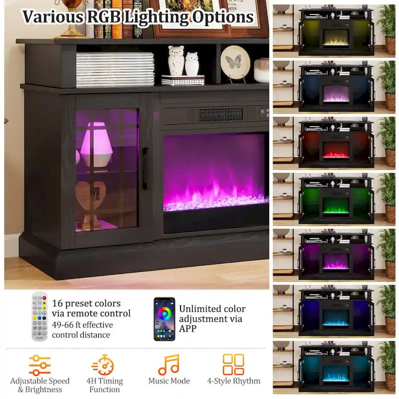 Mueble para TV con chimenea eléctrica, luces LED y mandos a distancia