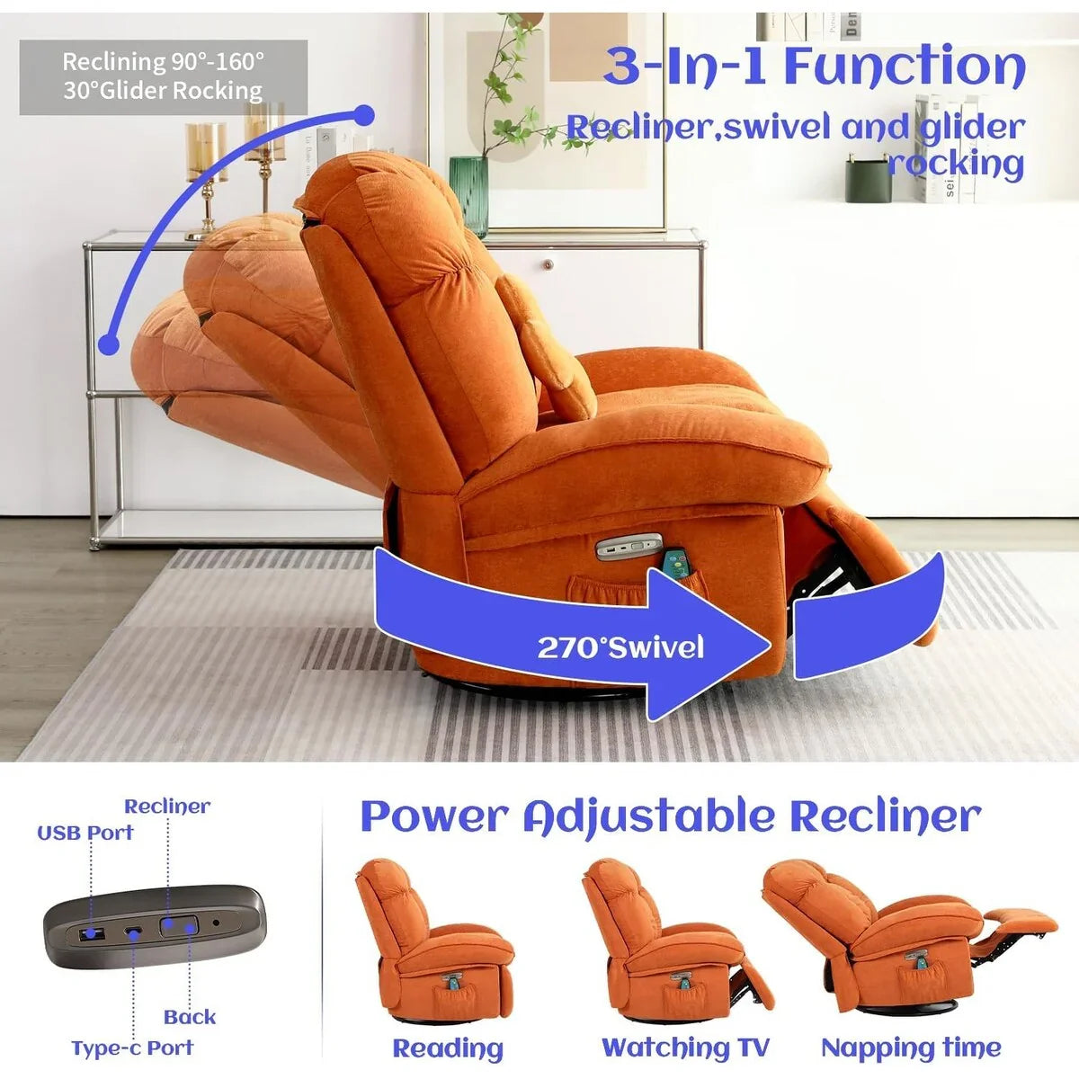 XINMICS Sillón Reclinable Eléctrico Giratorio, Sillones Reclinables Mecedora con Masaje y Calefacción, USB, USB-C y Bolsillo Lateral