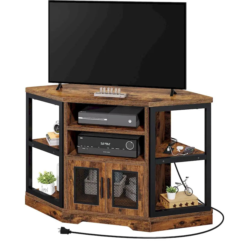 Mueble esquinero para TV estilo rústico, centro de entretenimiento y consola multimedia para televisores de hasta 55 pulgadas con toma de corriente