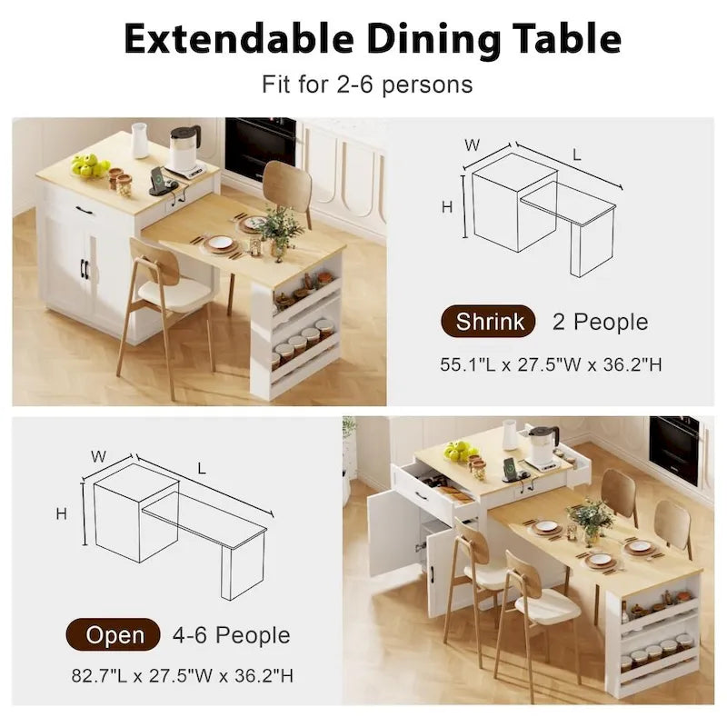 82.7 Isla de cocina de madera para 4-6 personas con mesa de comedor extensible y almacenamiento doble