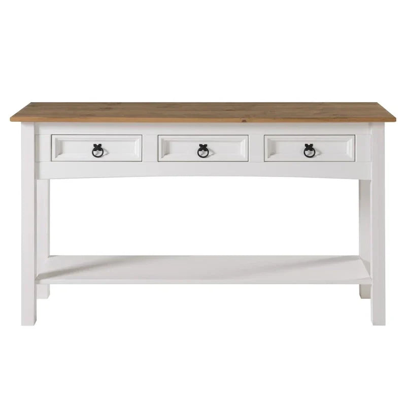 Mesa Consola de Pasillo Rústica de Pino Macizo, Blanqueado / Marrón Antiguo / Lavado Gris / Sin Pintar, 3 Cajones