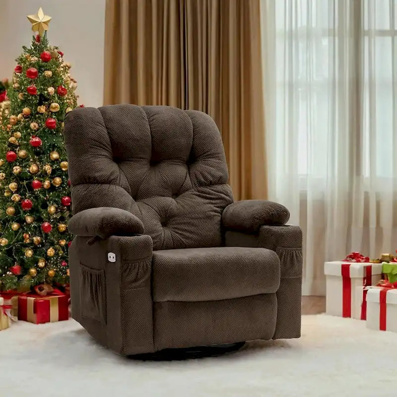 Sillón reclinable giratorio eléctrico con planeador, portavasos y puertos USB, tela, asiento individual