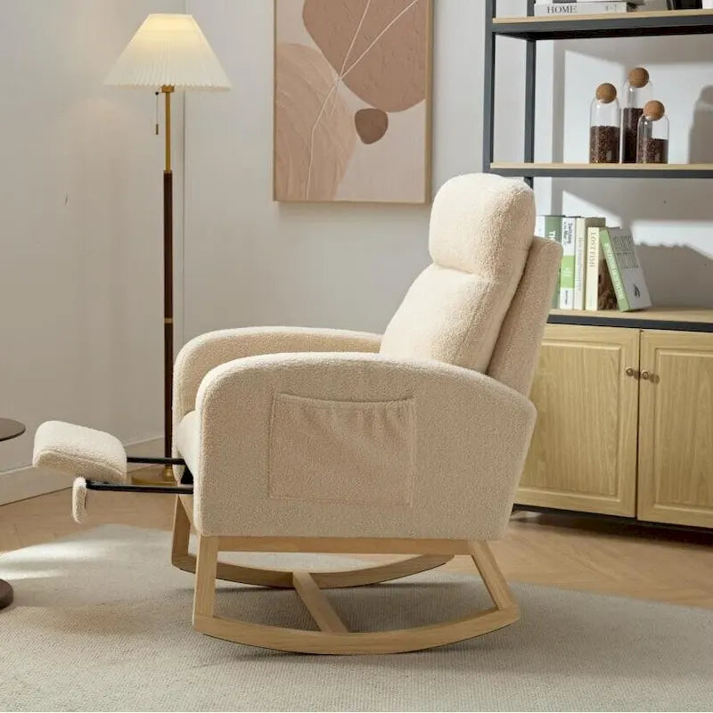 Moderna mecedora tapizada de respaldo alto de 29.5" con patas de madera maciza y reposapiés ajustable