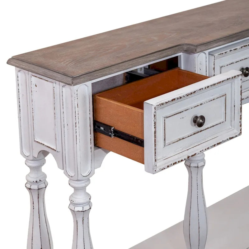 Mesa Consola para Recibidor de 72 Pulgadas en Blanco Antiguo y Madera Desgastada