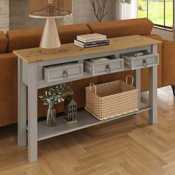 Mesa Consola de Pasillo Rústica de Pino Macizo, Blanqueado / Marrón Antiguo / Lavado Gris / Sin Pintar, 3 Cajones