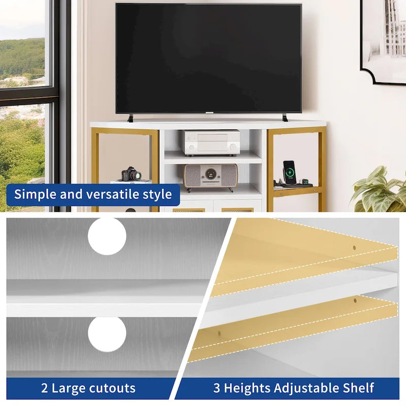 Mueble esquinero para TV estilo rústico, centro de entretenimiento y consola multimedia para televisores de hasta 55 pulgadas con toma de corriente
