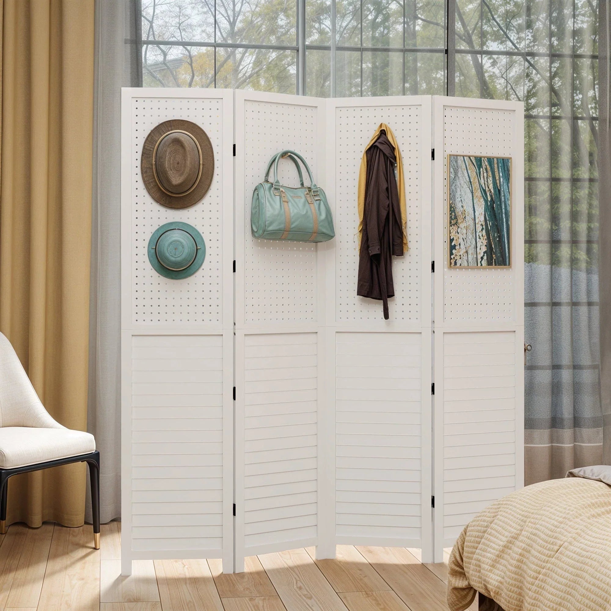 Moasis 67 Divisor de ambiente de madera de 4 paneles, blanco