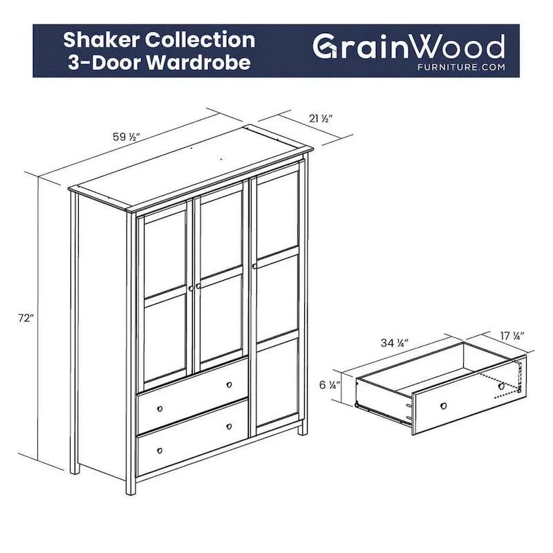 Armario de madera Shaker de 3 puertas Grain Wood Furniture - 60x72x22