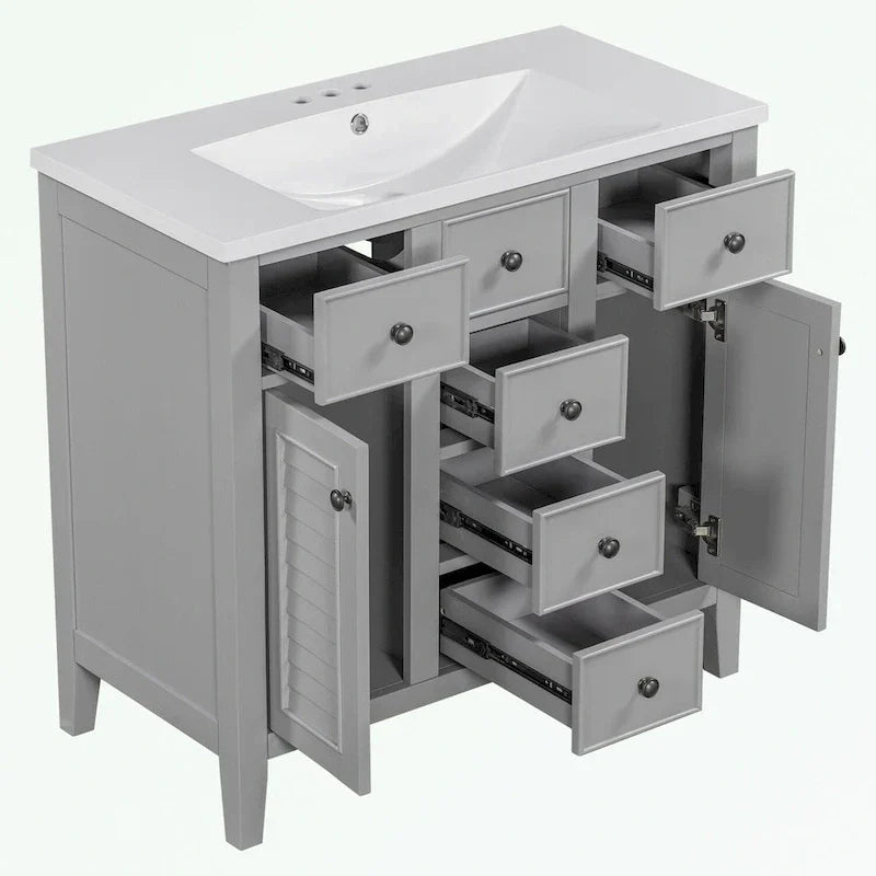 Mueble de baño con lavabo cerámico, dos armarios y cinco cajones