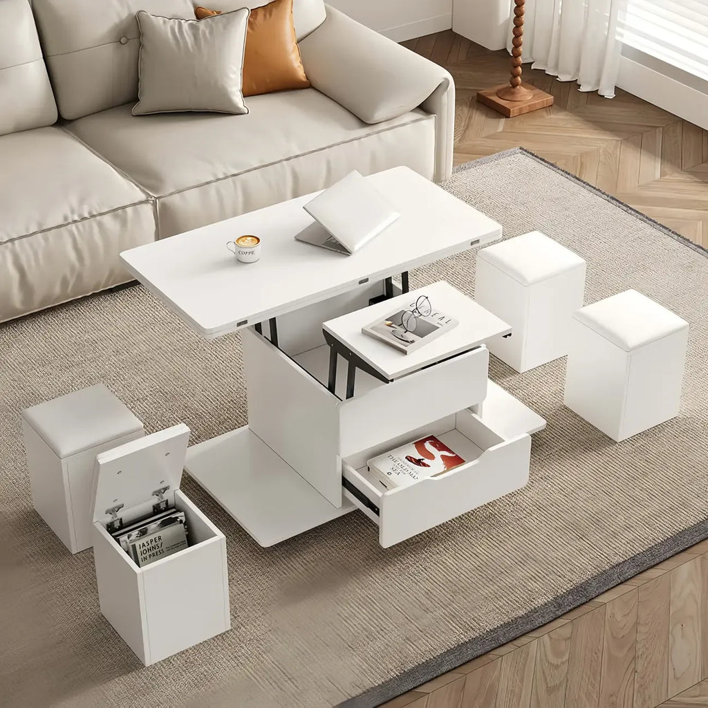 Mesa de centro elevable y plegable con 4 taburetes y almacenamiento