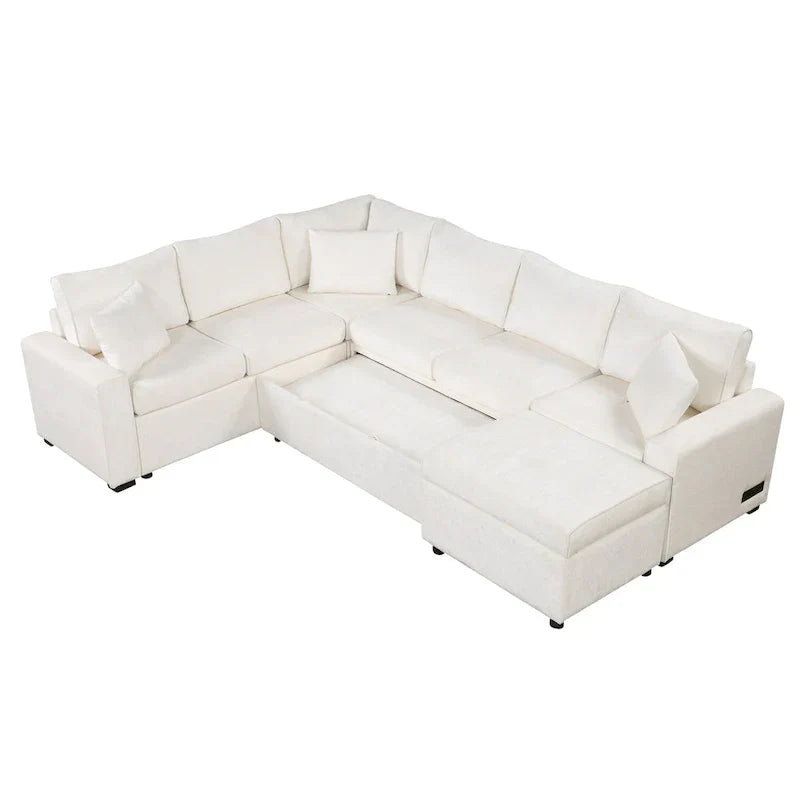 Sofá seccional de chenilla con sofá cama extraíble, sofá cama en forma de L con otomana de almacenamiento, 3 almohadas y dispositivos de carga