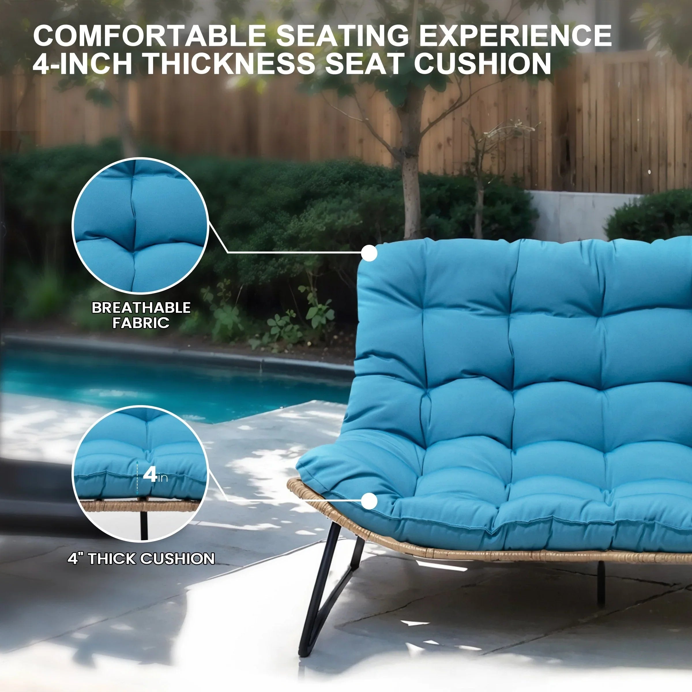 Sofá biplaza doble Papasan con cojín, ratán PE para todo tipo de clima y estructura metálica para interior/exterior
