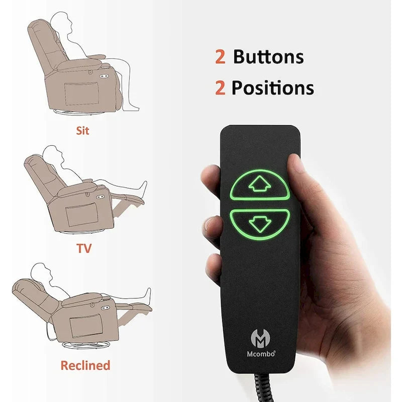 Sillón reclinable giratorio eléctrico con planeador, portavasos y puertos USB, tela, asiento individual