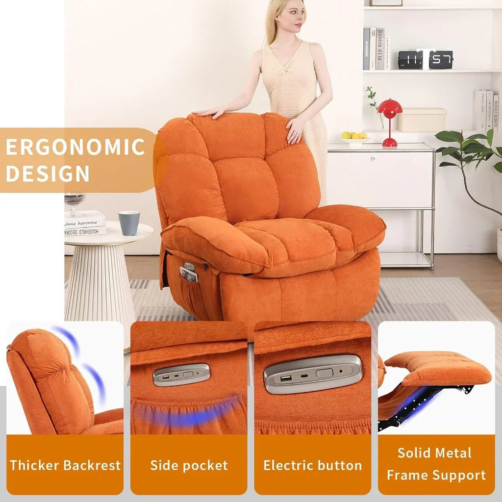 XINMICS Sillón Reclinable Eléctrico Giratorio, Sillones Reclinables Mecedora con Masaje y Calefacción, USB, USB-C y Bolsillo Lateral