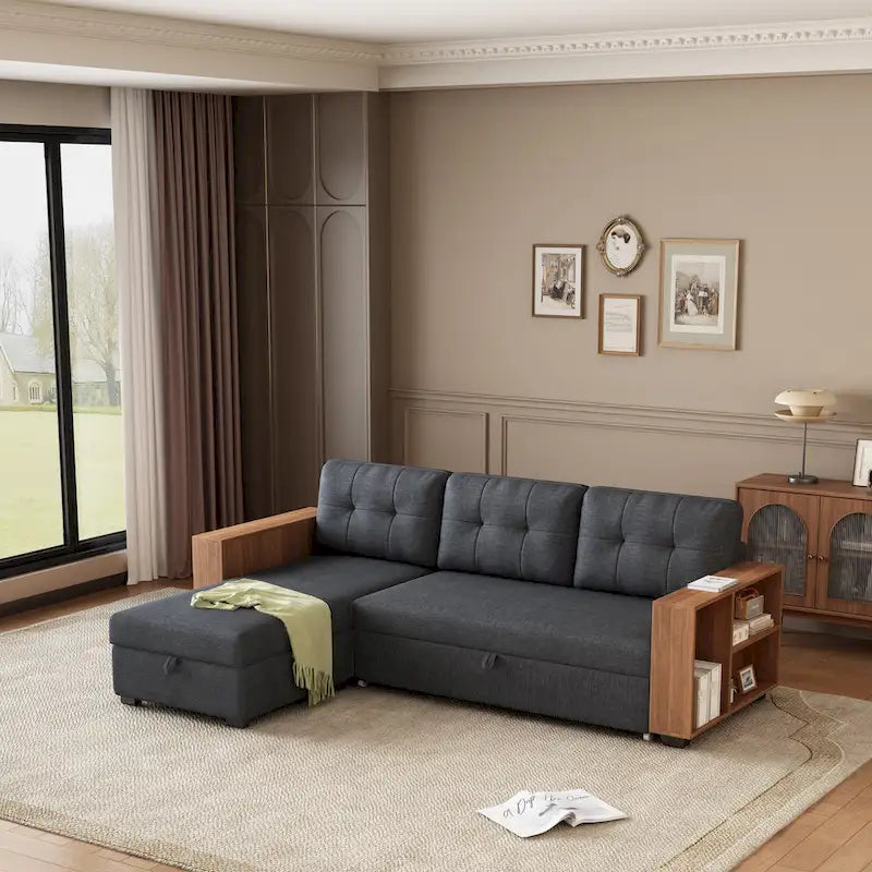 Sofá seccional convertible con cama extraíble y chaise longue con almacenaje oculto