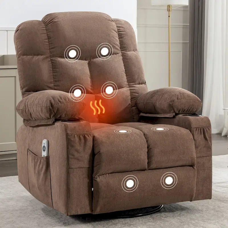 Reclinable extragrande gris con calor y masaje, reclinación de 150°, balanceo de 30°, carga USB y 2 portavasos