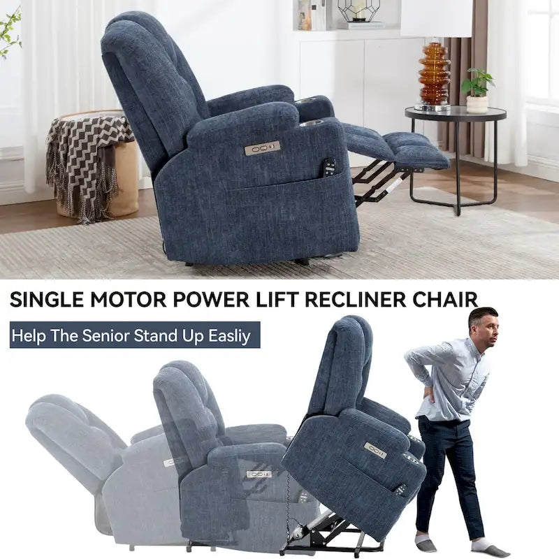Sillón reclinable Power Lift con masaje y calor, reclinables anchos Lazy Boy extragrandes con USB, puertos tipo C y 2 portavasos de acero
