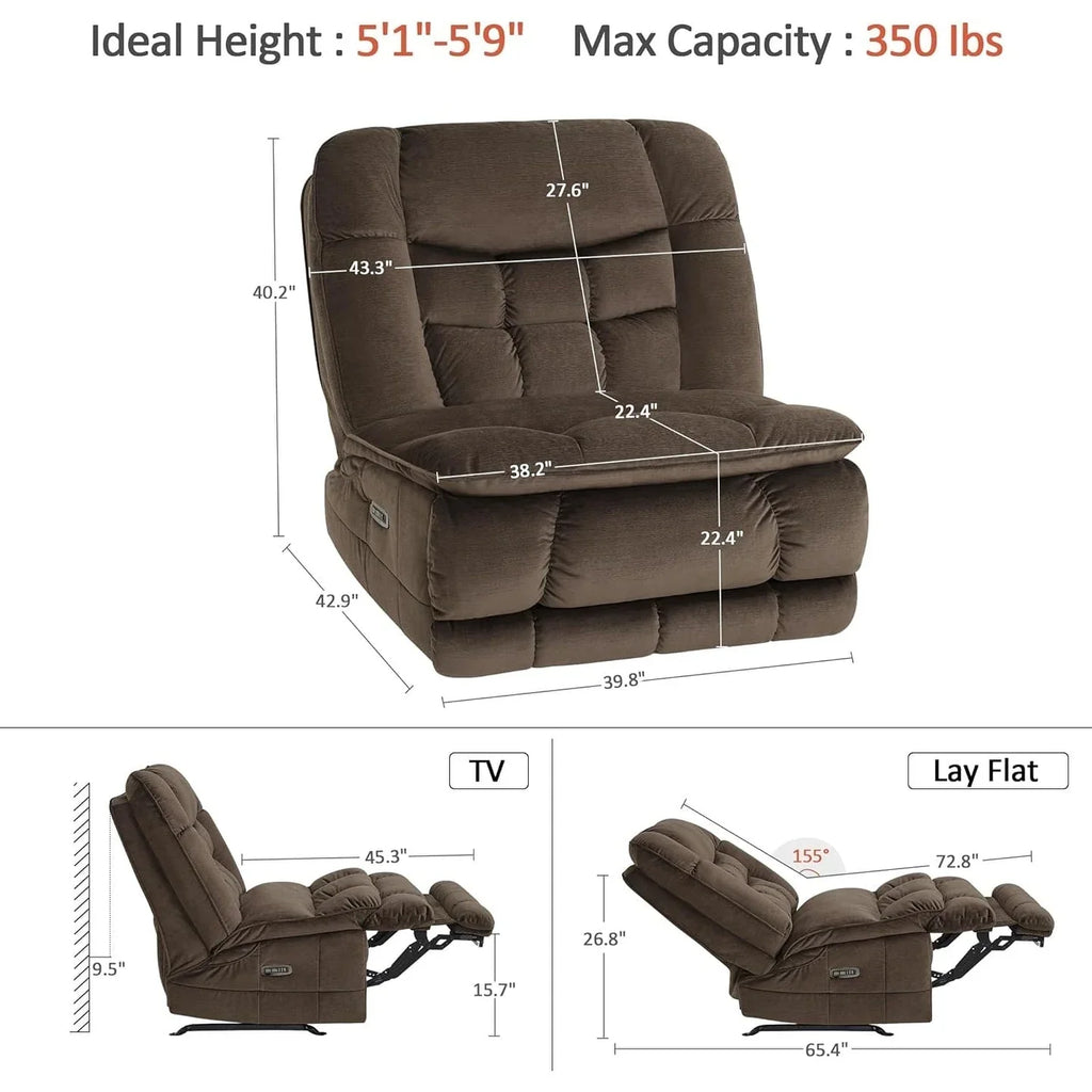 MCombo Sillón reclinable de balanceo eléctrico sin brazos con doble motor de gran tamaño, reclinable sin brazos, perfecto para sala de estar, tela PR607