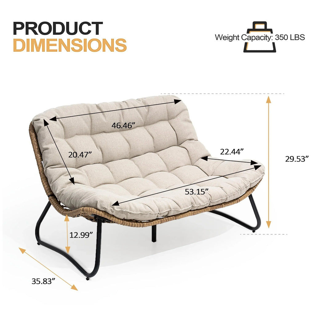 Sofá biplaza doble Papasan con cojín, ratán PE para todo tipo de clima y estructura metálica para interior/exterior