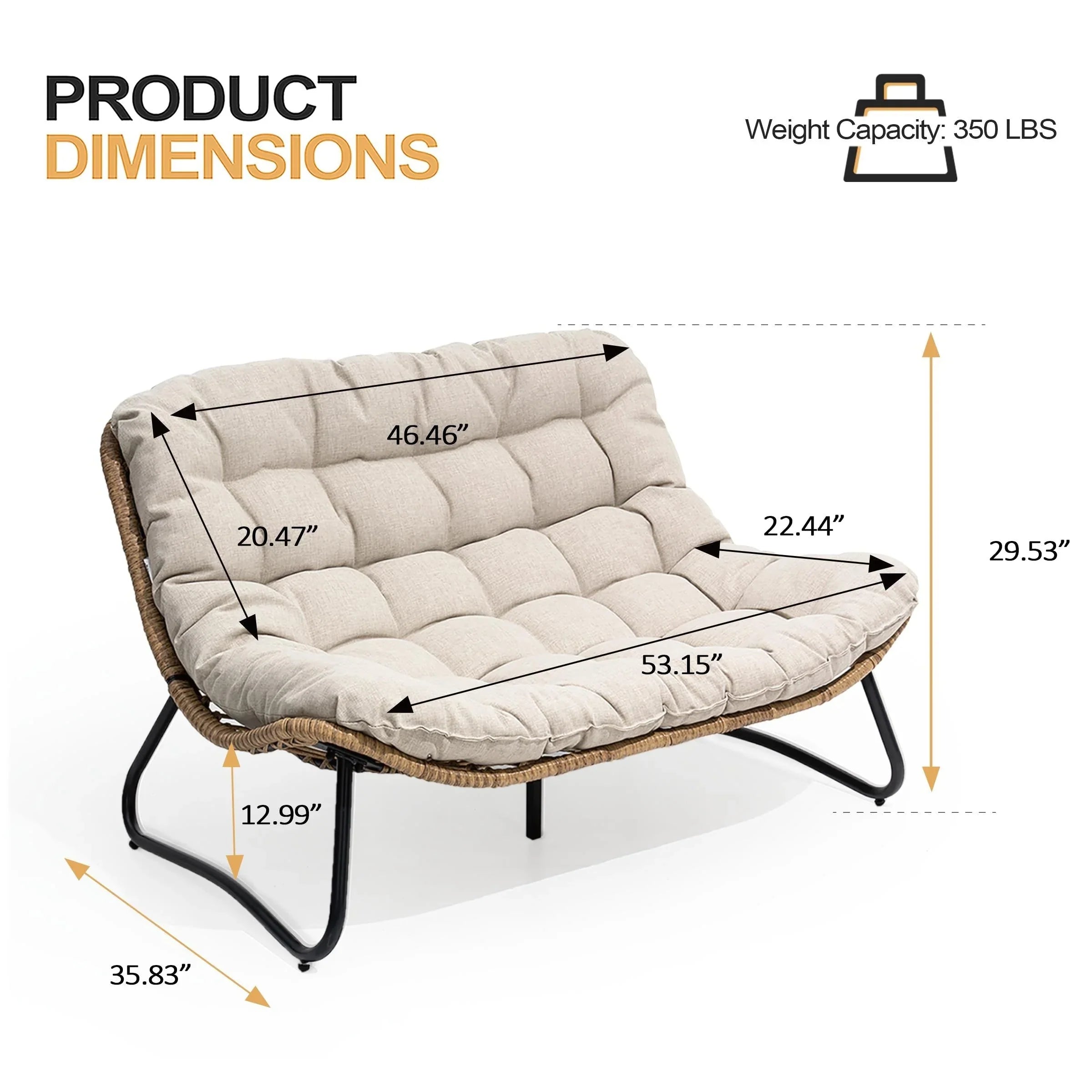 Sofá biplaza doble Papasan con cojín, ratán PE para todo tipo de clima y estructura metálica para interior/exterior