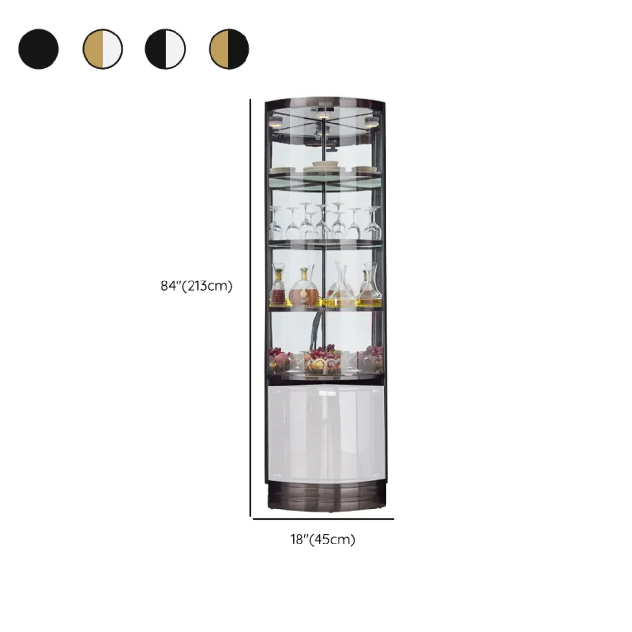Vitrina esquinera para vinos con estantes de cristal y metal de varios niveles