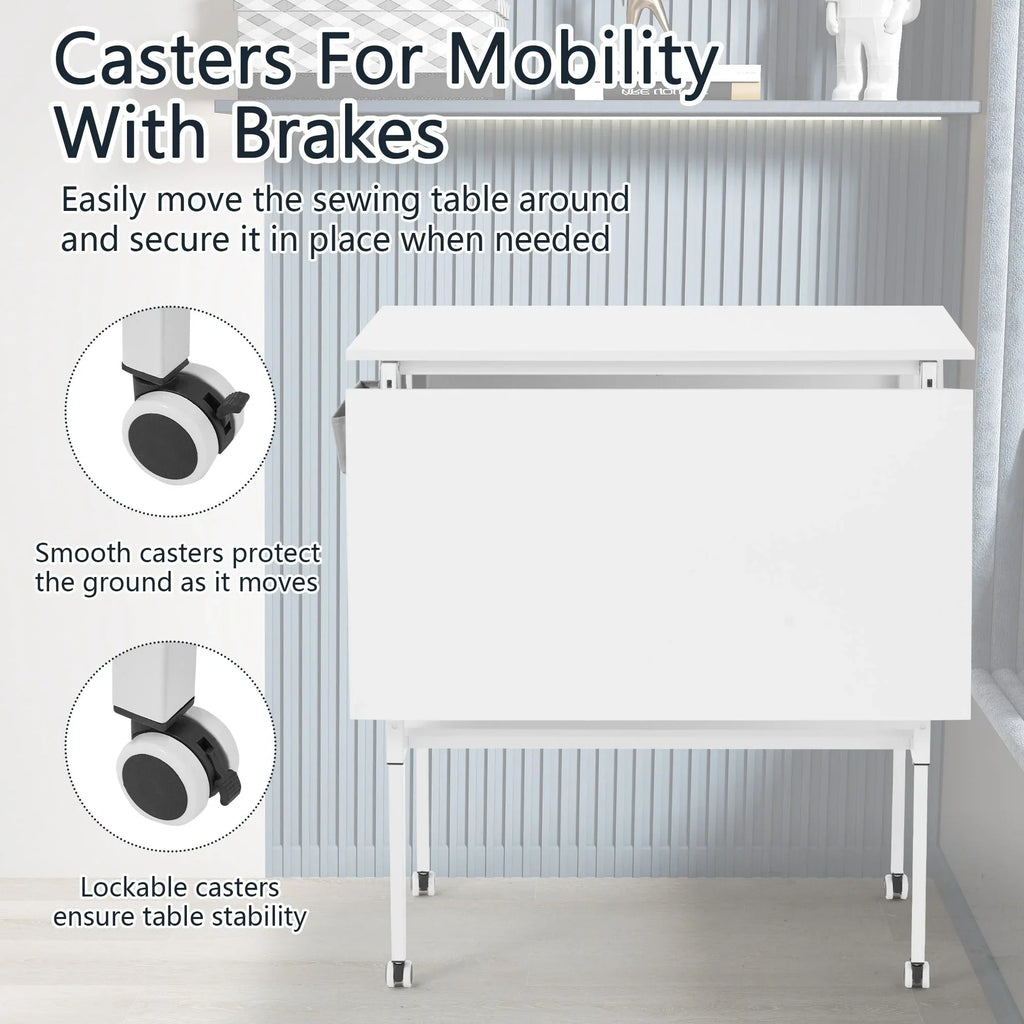 Mesa de manualidades ajustable en altura con estantes de almacenamiento, mesa de corte plegable móvil para oficina en casa, sala de costura, sala de manualidades