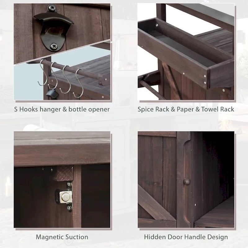 Isla de cocina exterior, carrito de bar con ruedas y armario de almacenamiento, mesa de parrilla de madera maciza con parte superior de acero inoxidable, especiero, toallero