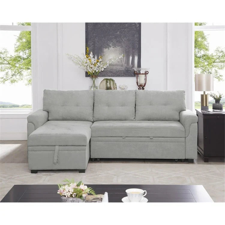 Divano componibile convertibile reversibile con letto estraibile, chaise longue con contenitore nascosto e gambe durevoli