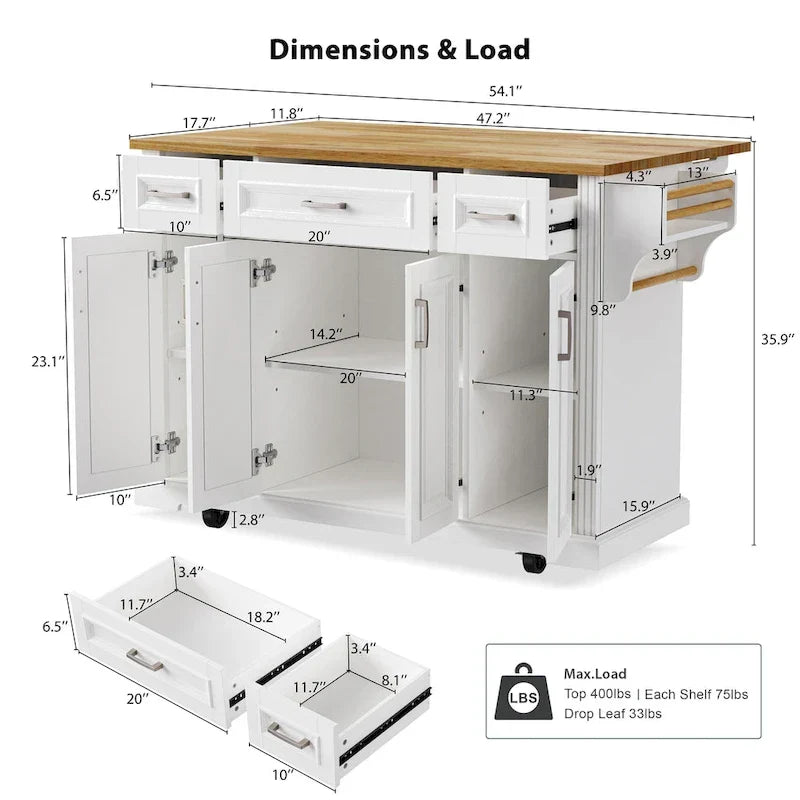 Isla de cocina grande con hoja abatible de madera, carrito de cocina con textura en relieve, puertas y cajones con almacenamiento para cocina, blanco