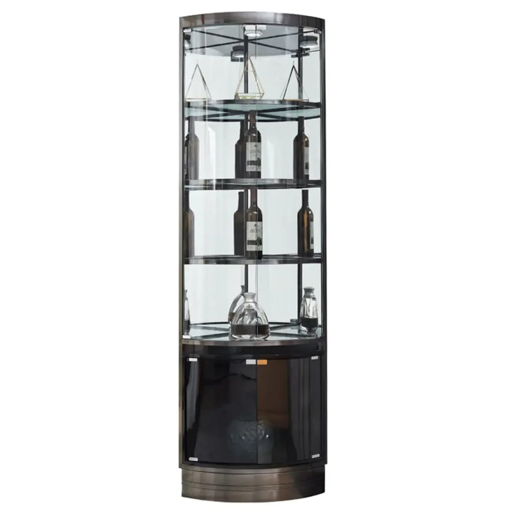 Vitrina esquinera para vinos con estantes de cristal y metal de varios niveles