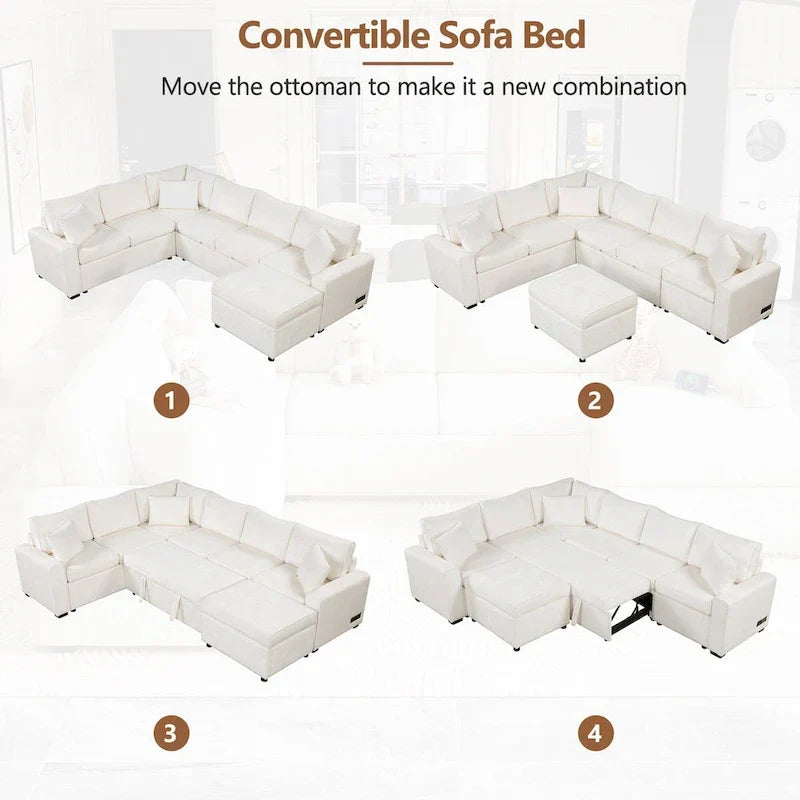 Sofá seccional de chenilla con sofá cama extraíble, sofá cama en forma de L con otomana de almacenamiento, 3 almohadas y dispositivos de carga
